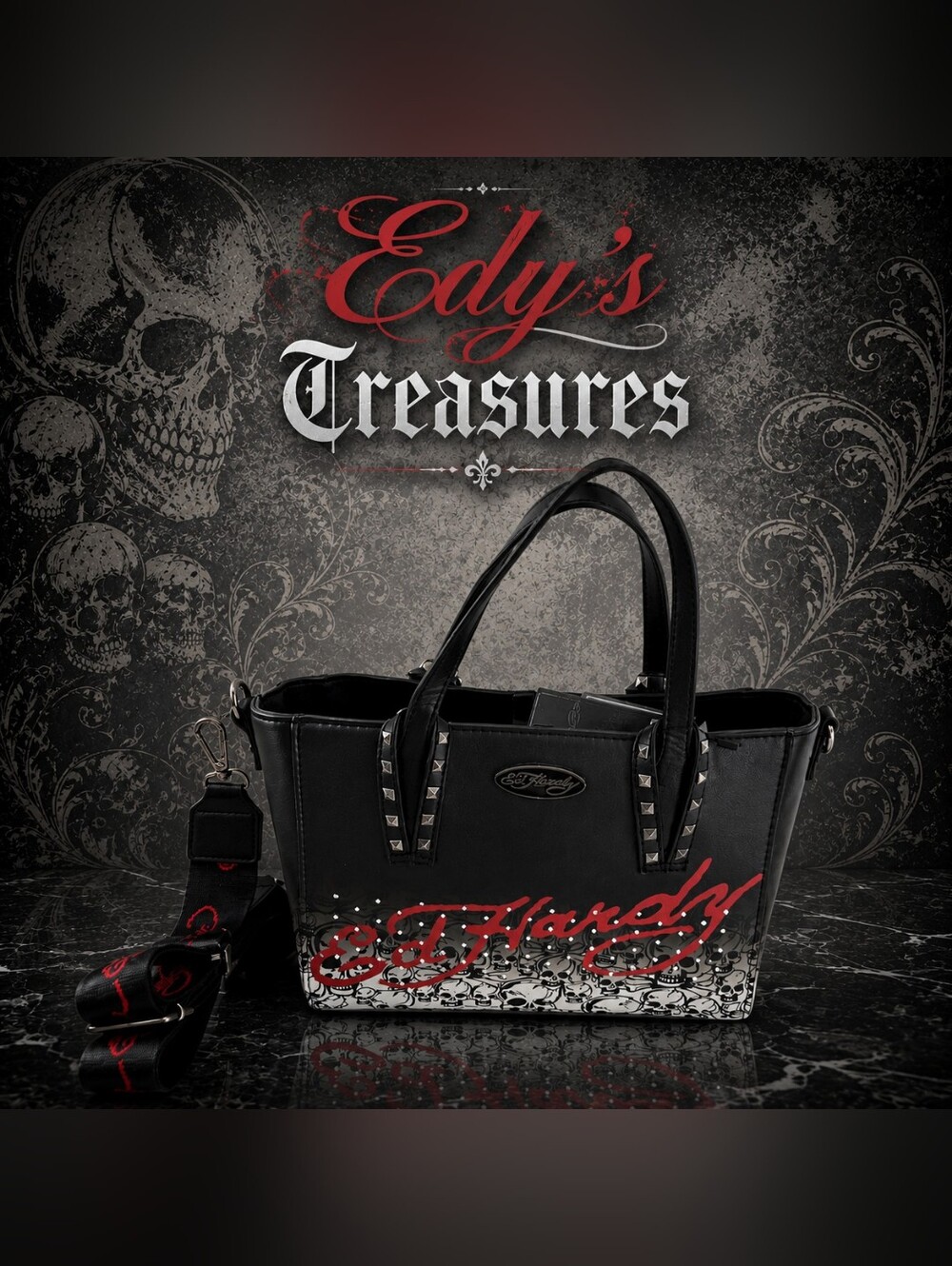 Ed Hardy Skull Tote Bag Black Studded Shoulder Bag NWT RETAIL $80